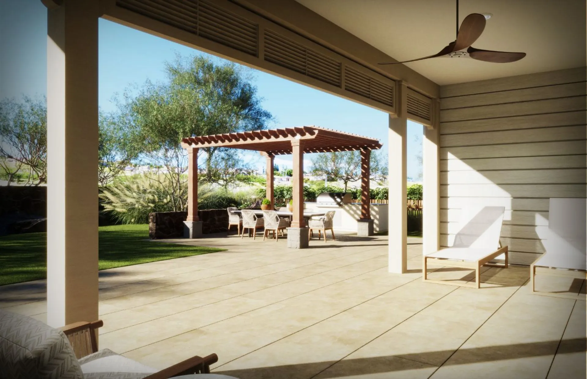 A patio featuring a gazebo surrounded by several chairs, creating a cozy outdoor seating area.